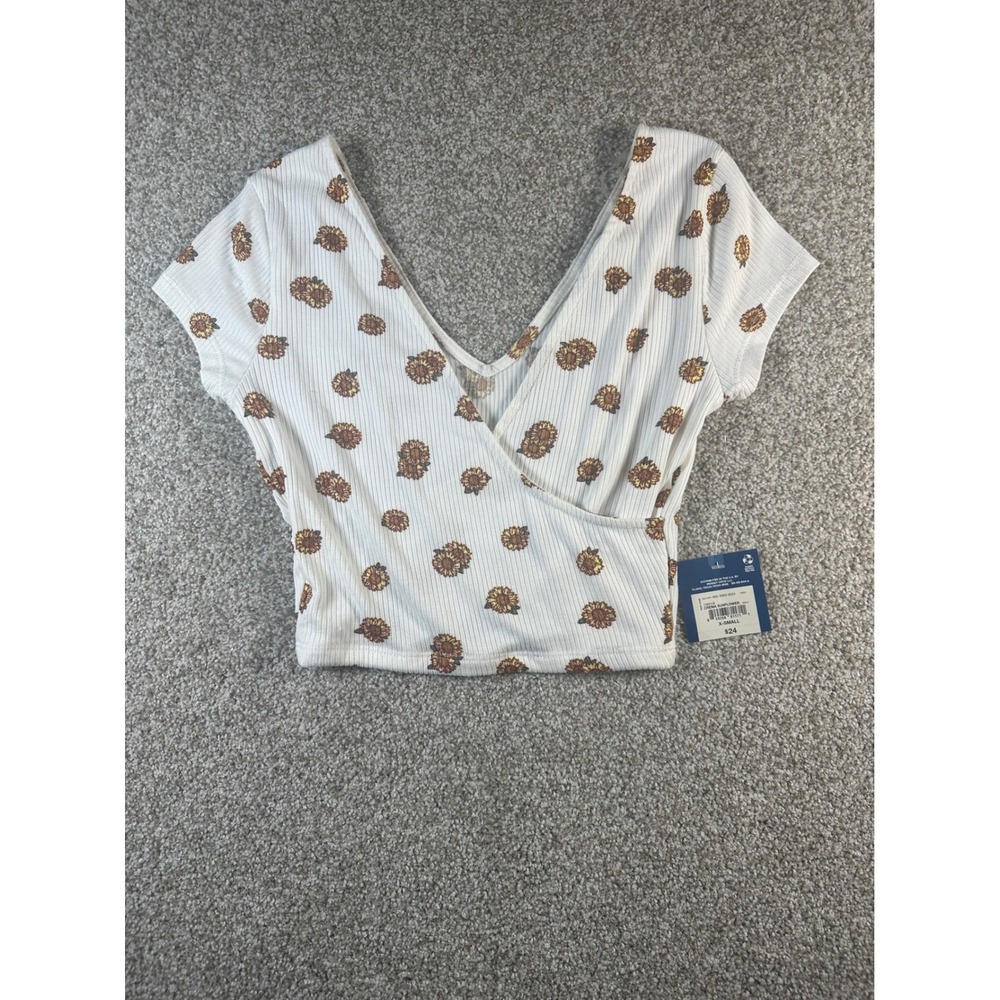 Arizona Jean Co Sunflower Ribbed Wrap Crop Top White Floral XS NWT